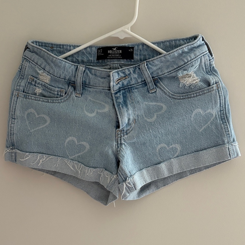 Hollister Women's Heart Patterned Light Blue Jean Shorts